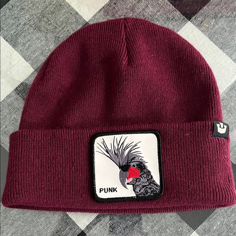 Goorin Bros wool Burgundy Beanie with Punk parrot patch hat cap the farm